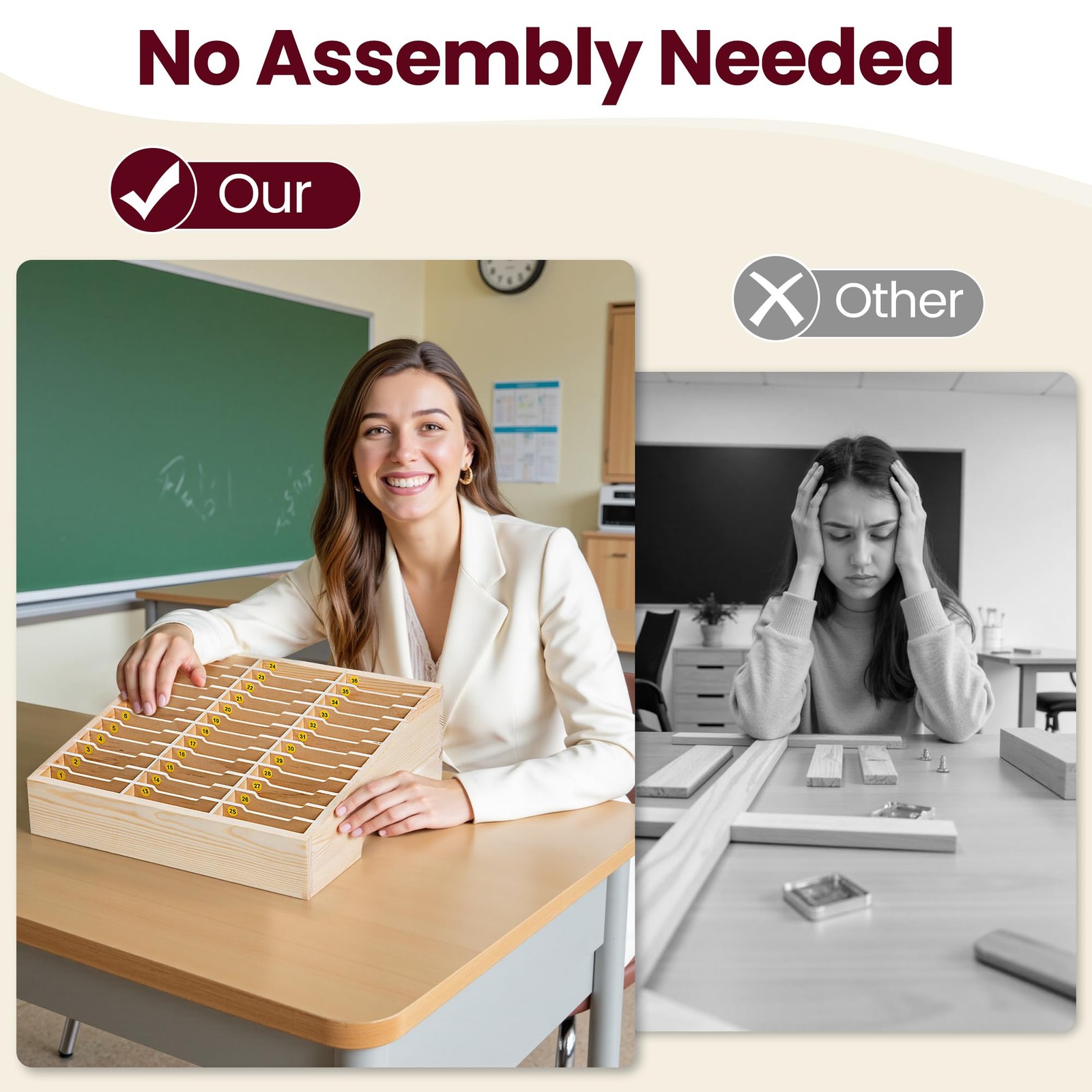 36 Grid Classroom Cell Phone Holder Storage Box Wooden Calculator Caddy Office