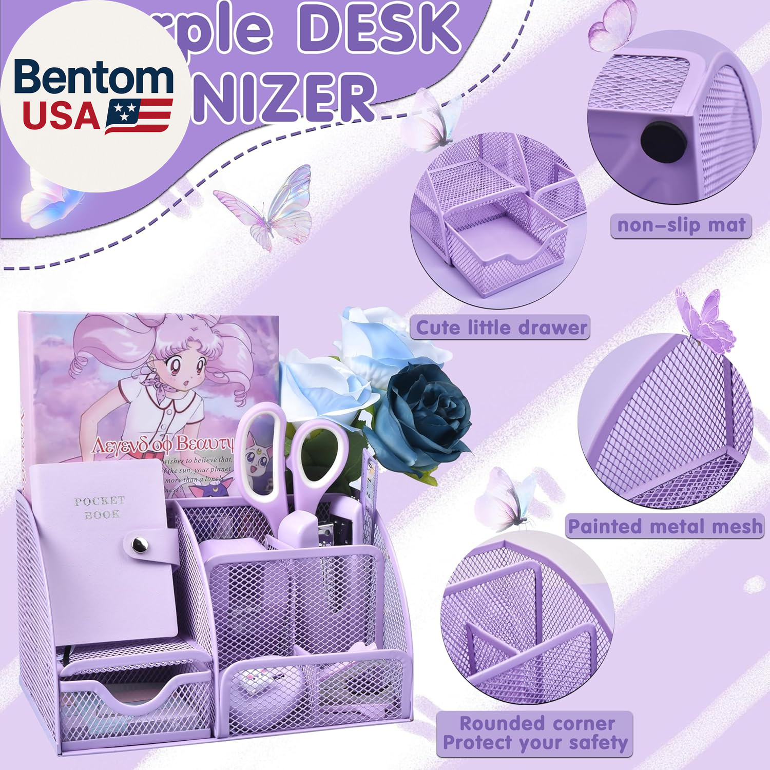 Purple Desk Accessories, 26Pcs Office Supplies and Desk Organizers, with Tape Di