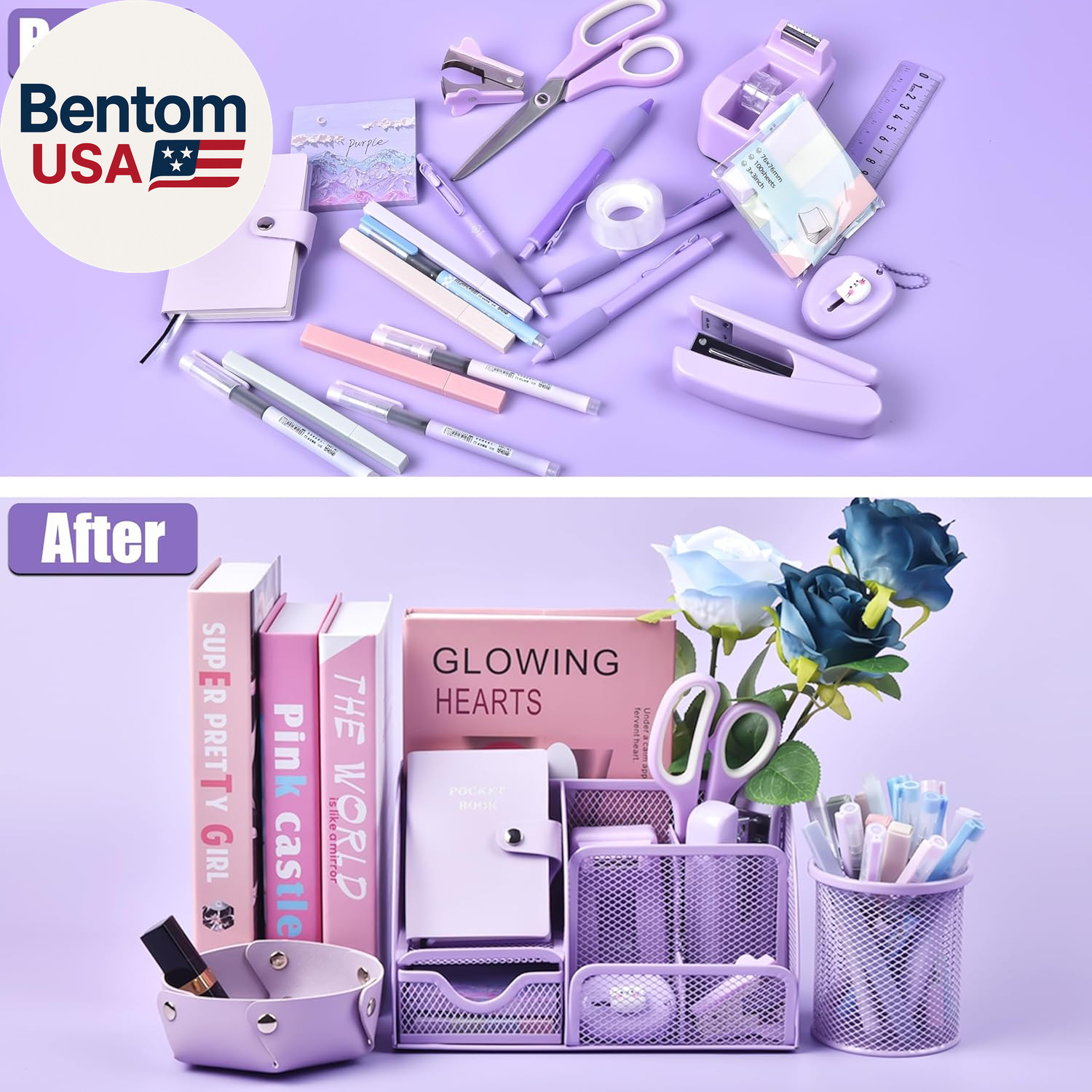 Purple Desk Accessories, 26Pcs Office Supplies and Desk Organizers, with Tape Di