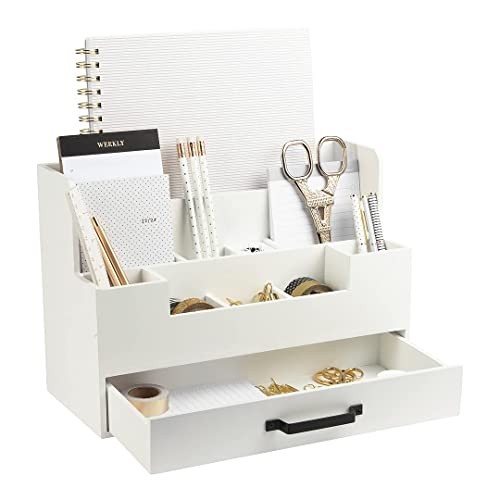 White Wooden Desk Organizer with Drawer – Office Desk Accessories and Organizer