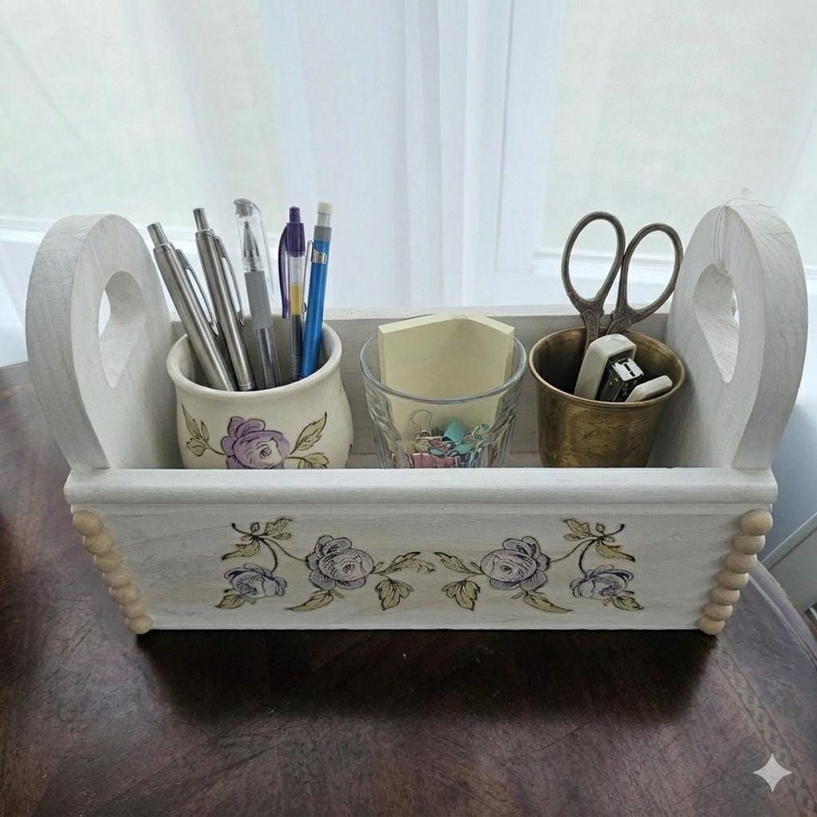 Hand-Painted Floral Wood Caddy | Upcycled Cottagecore Organizer & Vanity Tray