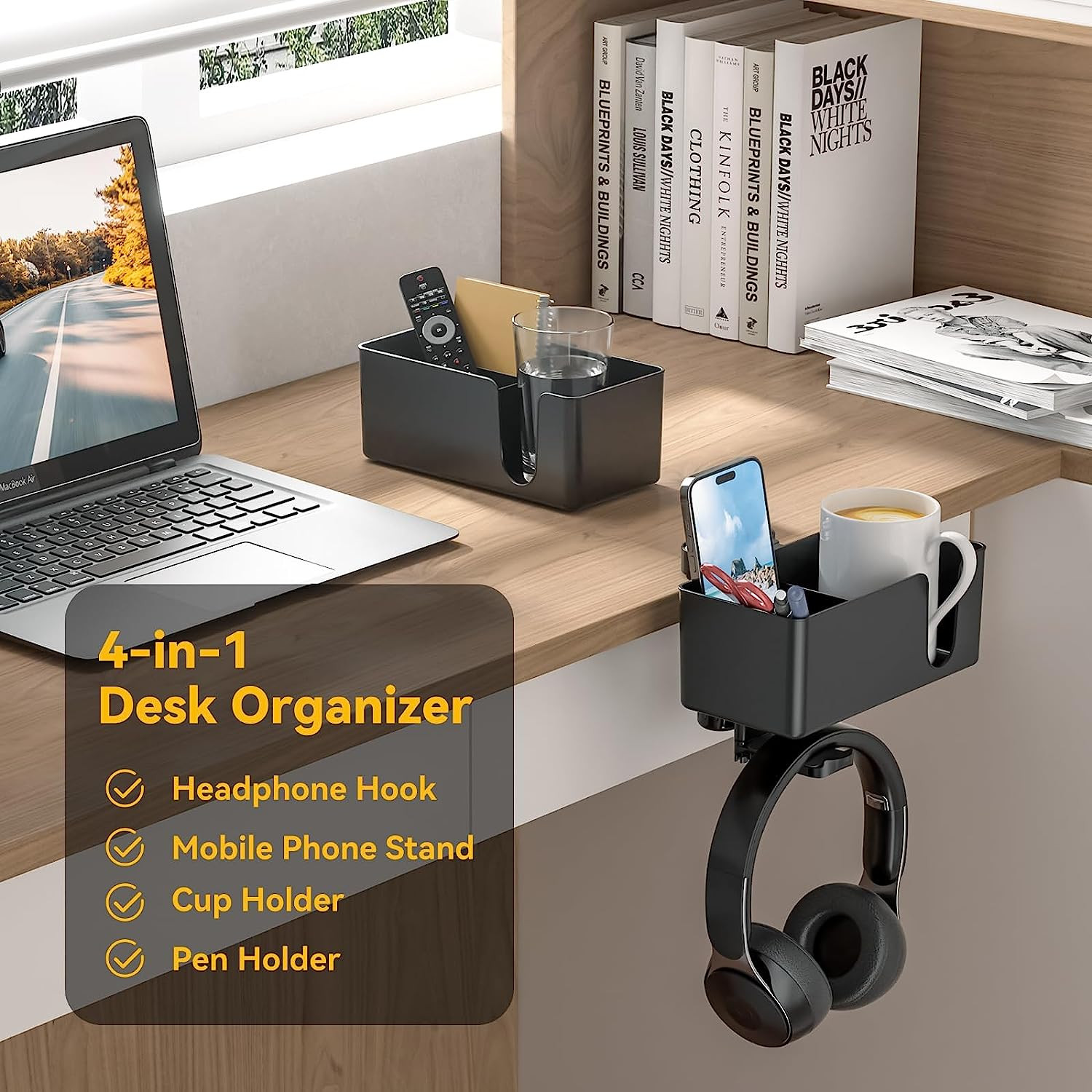 4 in 1 Under Desk Cup Holder with Rotating Headphone Hanger Black