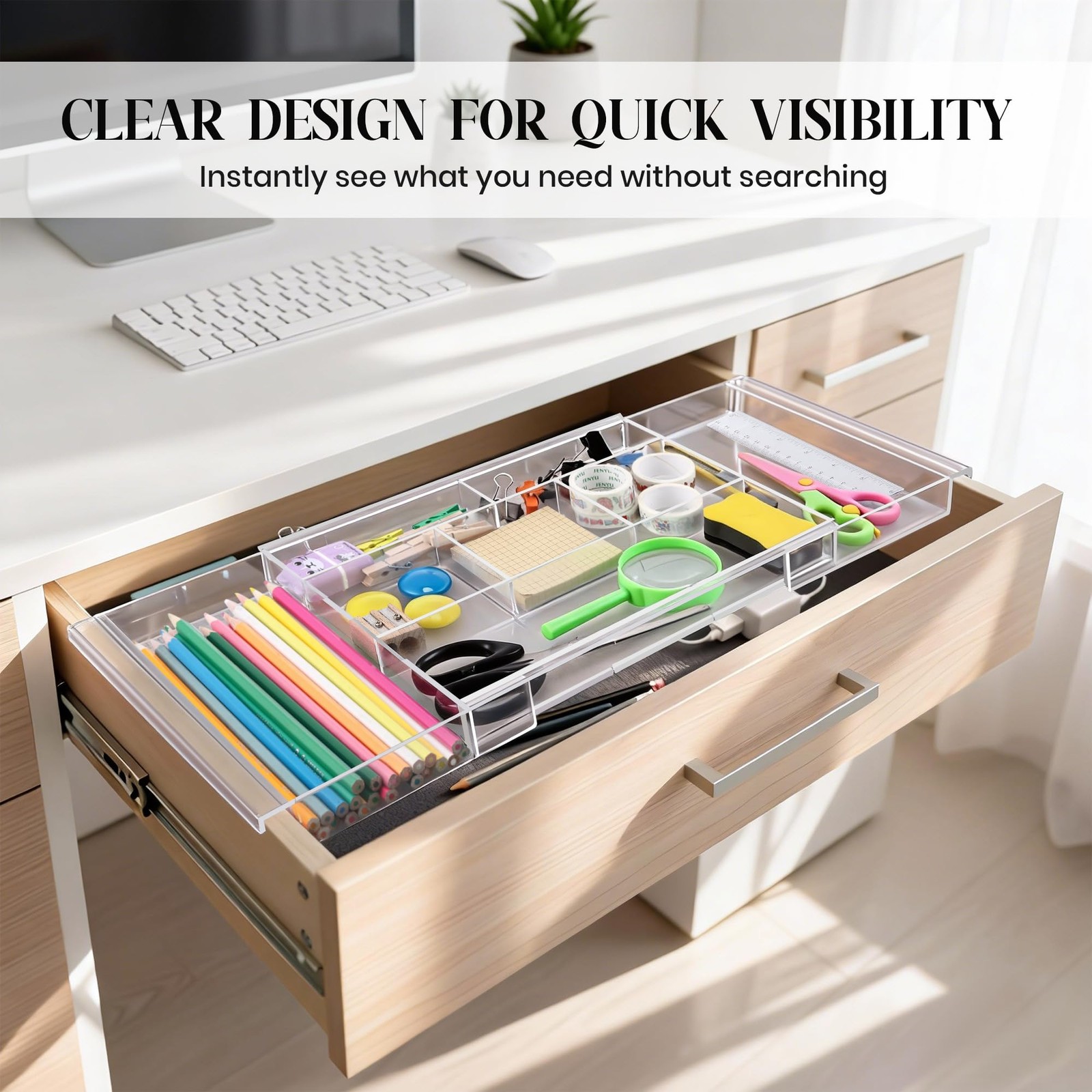 Dunkive 2pack Shallow Expandable Drawer Organizer, Adjustable Transparent
