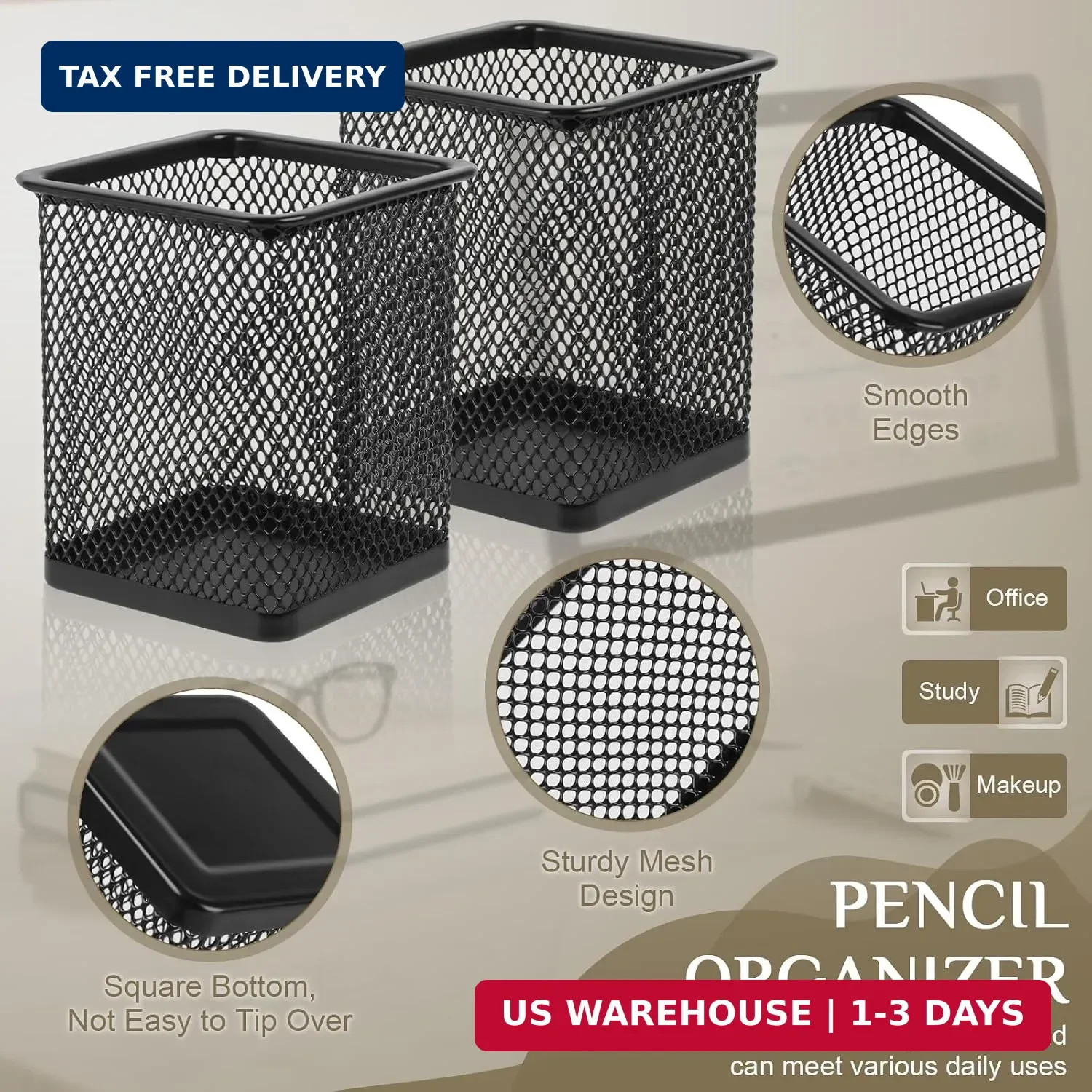 2 Pack Square Metal Pen Holder for Desk, 3.15 x 3.74 IN Pen Cups, Pencil Holder