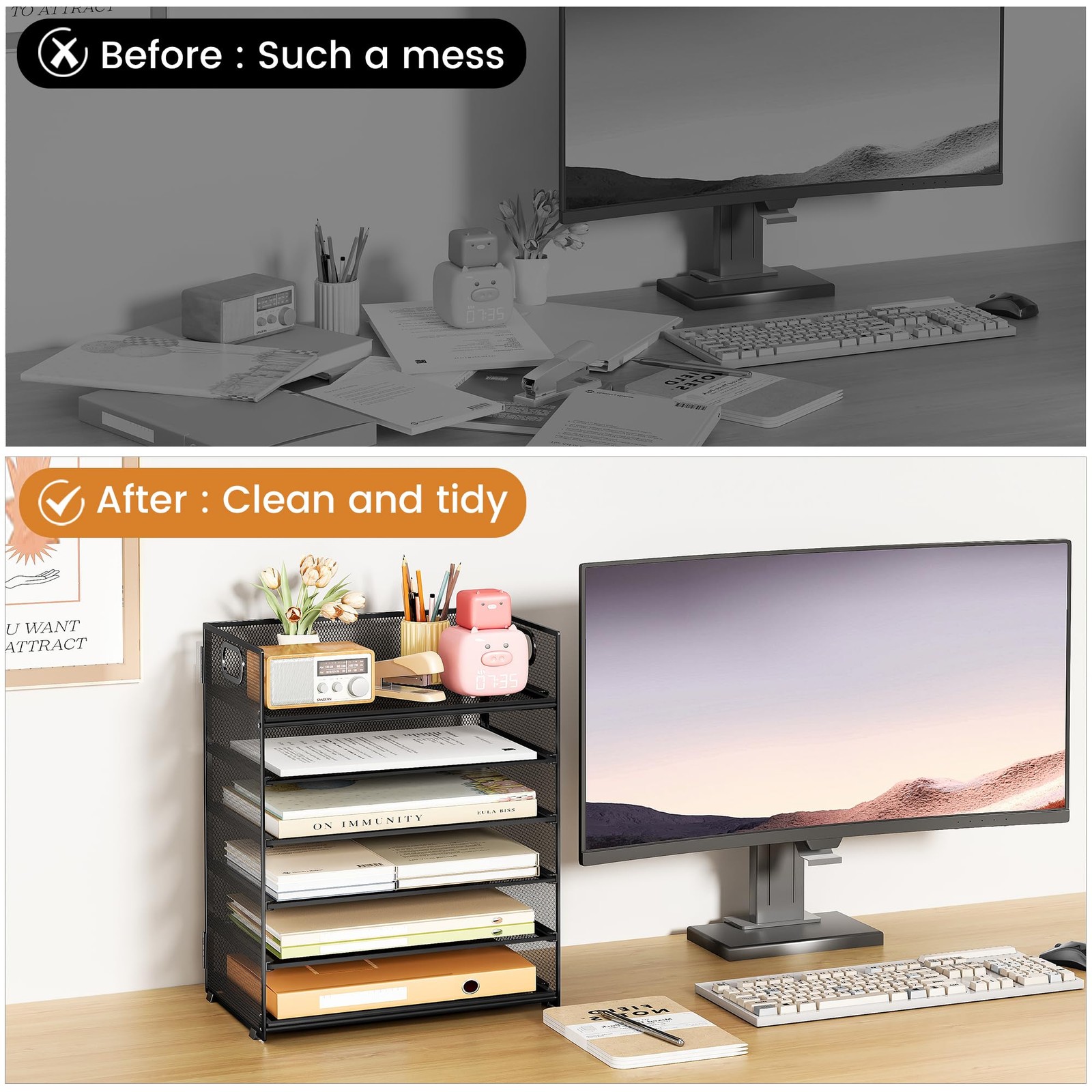 6 Tier Paper File Tray Organizer for Desk, Black Mesh Desk Letter Paper File …