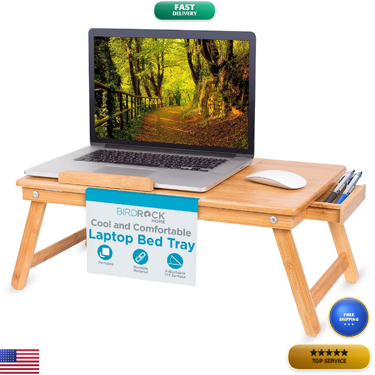 Birdrock Home Bamboo Laptop Bed Tray Natural Multi-Position Adjustable Surface