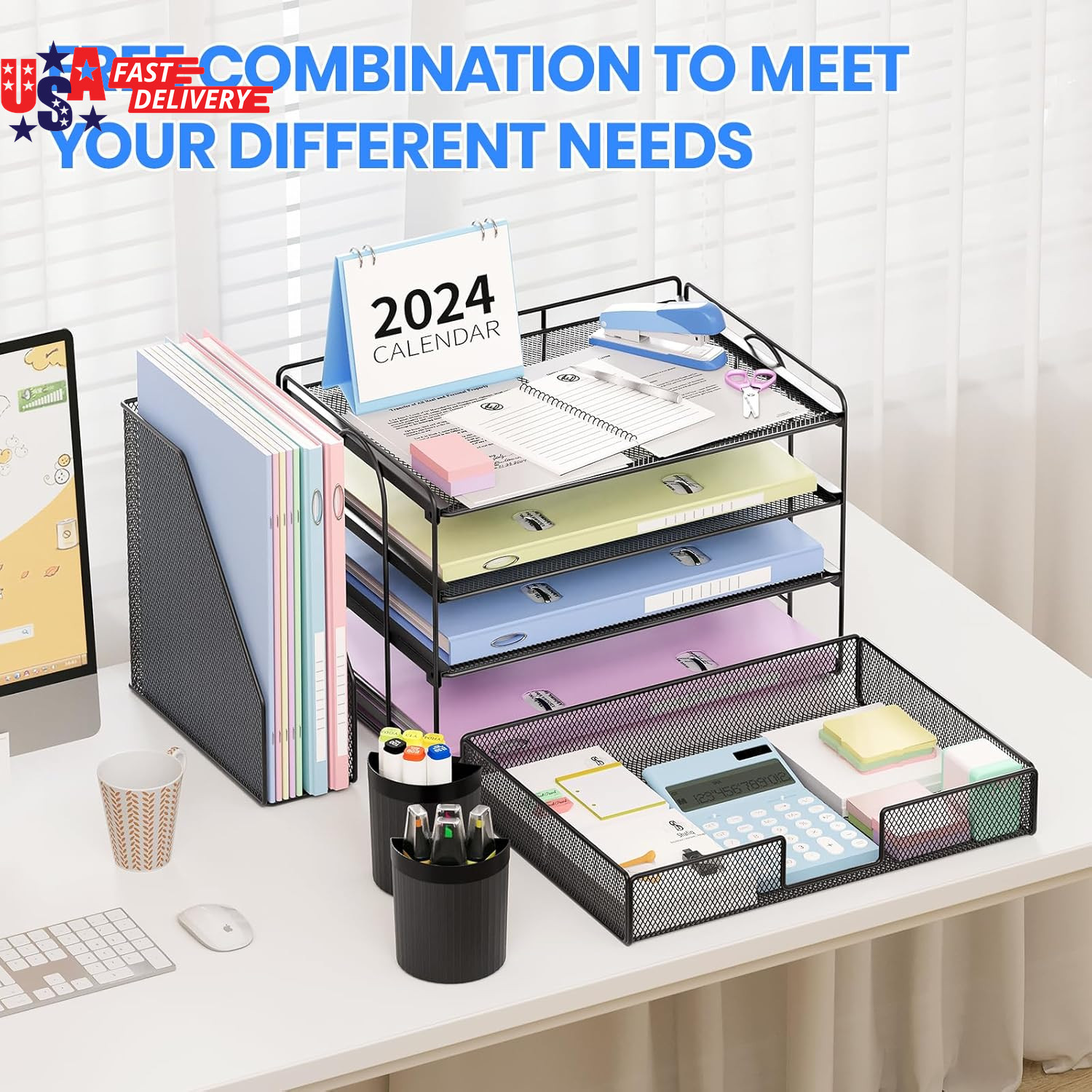 Desk Organizer, 4-Tier Desktop File Organizer with Drawer and 2 Pen Holders, Off