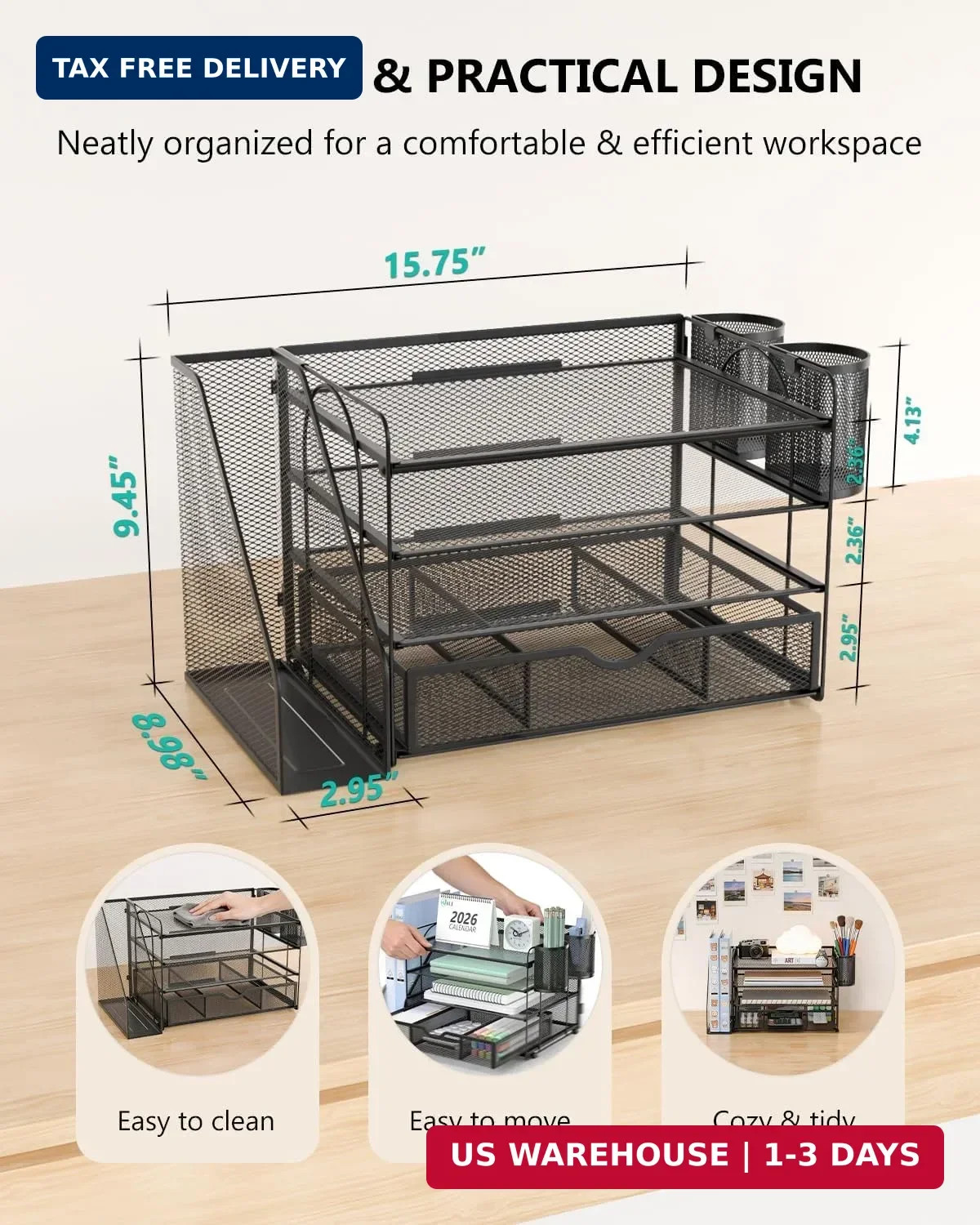 WALI Desk File Organizer, 4 Tier Desktop Paper Letter Tray Organizer with Drawer