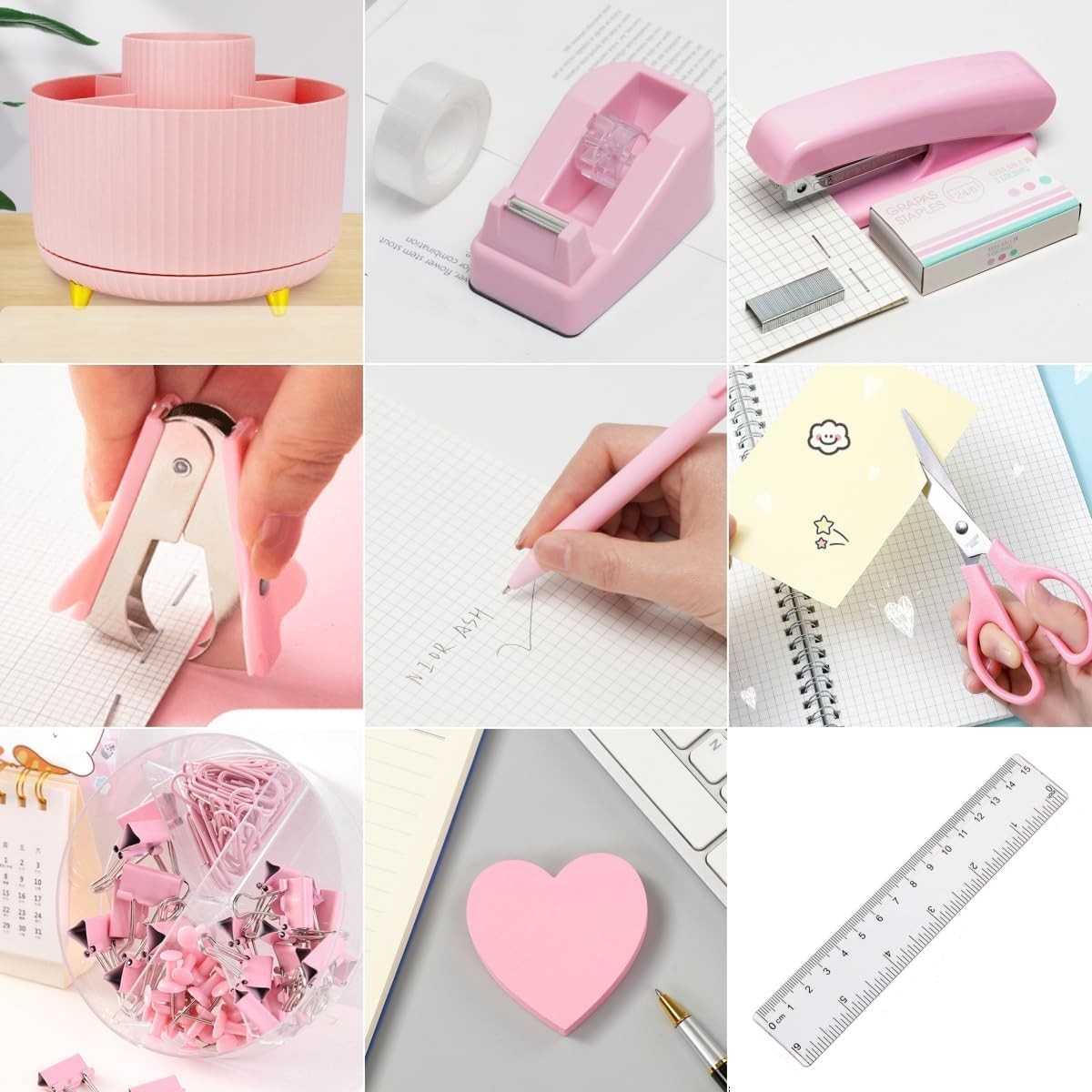 15 PCS Pink Desk Accessories 360 Pen Holder Stapler Tape Dispenser Clips Kit