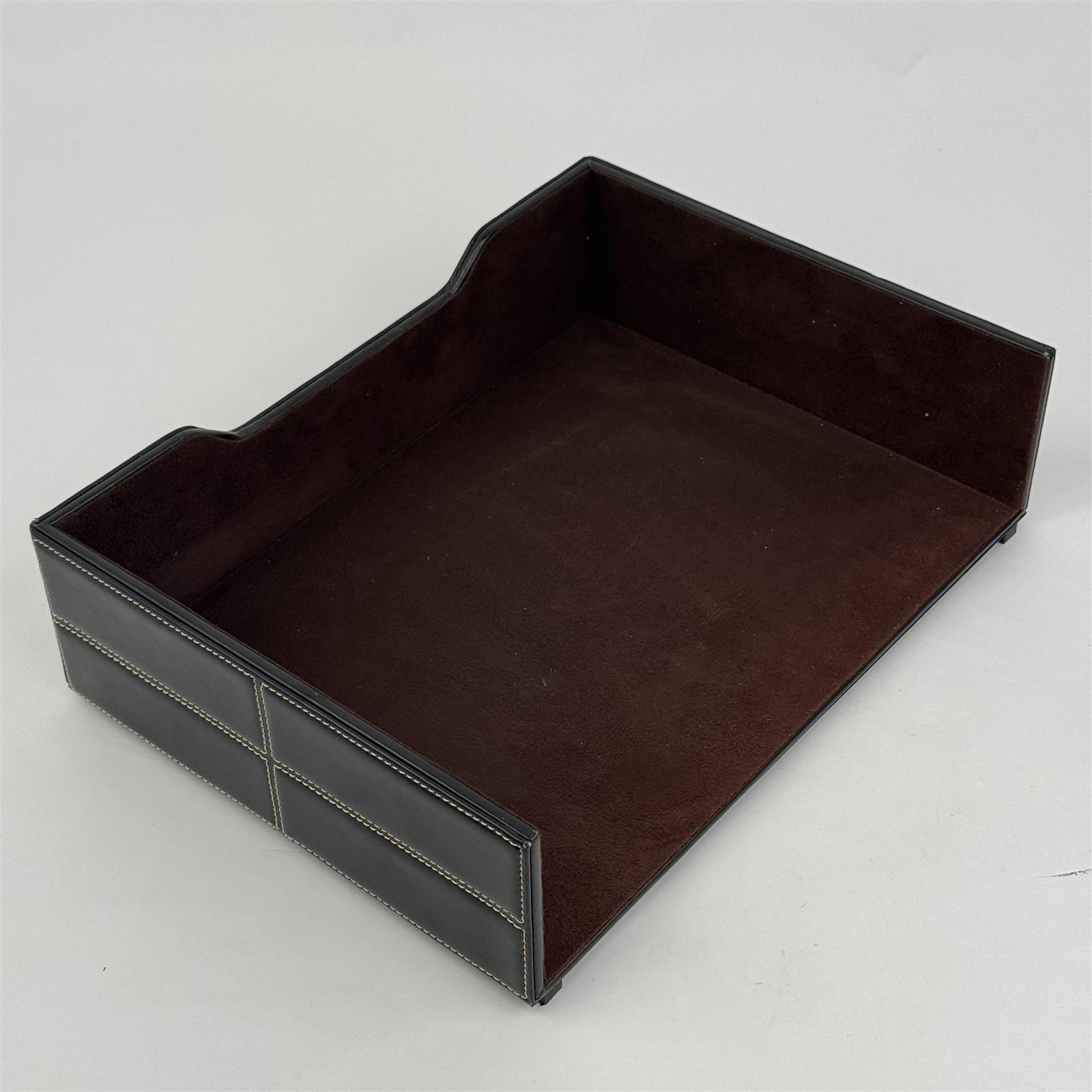 Lot of 2 Staples Mission Letter Trays Faux Black Leather With White Stitching