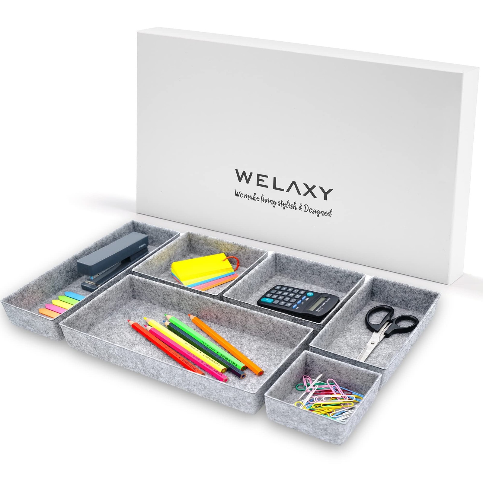 Welaxy Deluxe drawer organizers multi-purpose storage box junk bins L, Gray