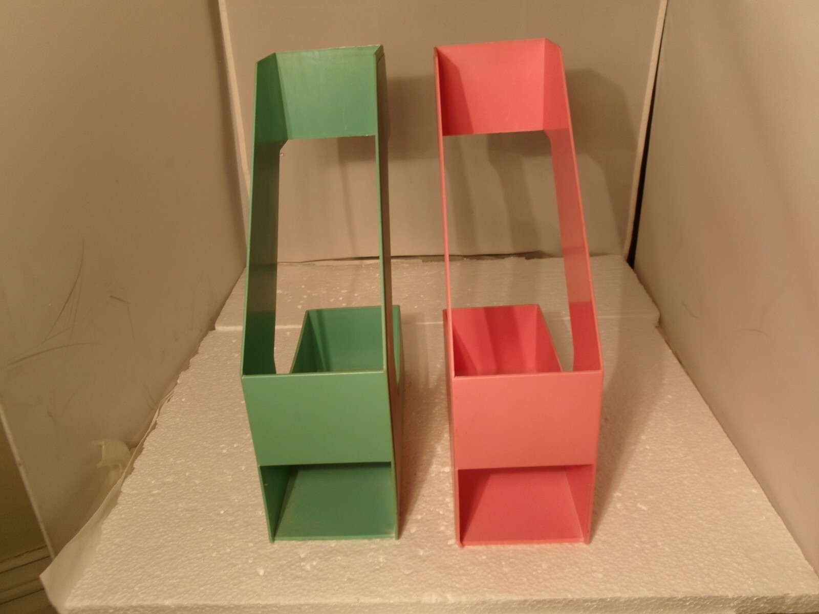 2 Vintage Pink and Green Plastic Magazine Rack File Holder Desk Organizers