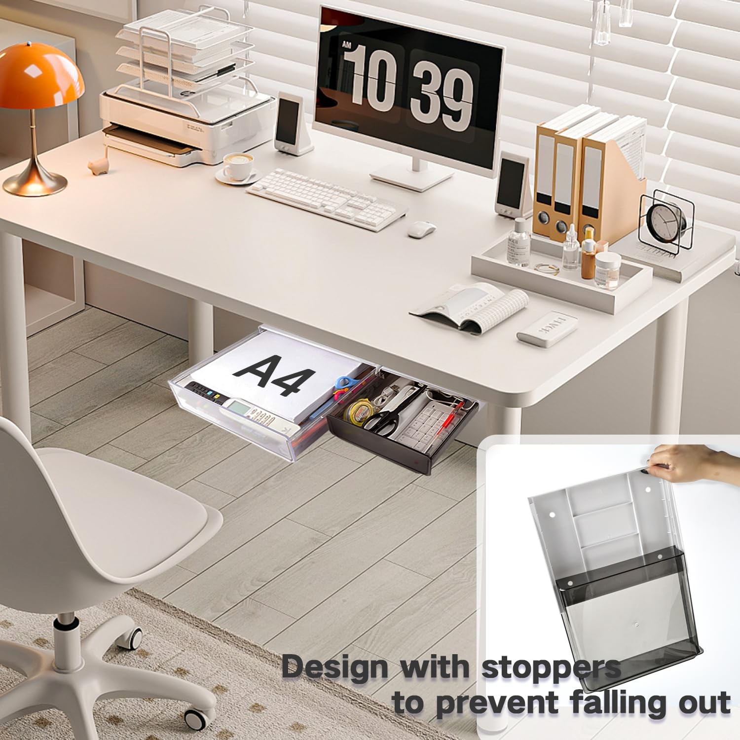 Self-adhesive Under Desk Drawer Organizer, 2 Pack Table Hidden Slide Out Large S