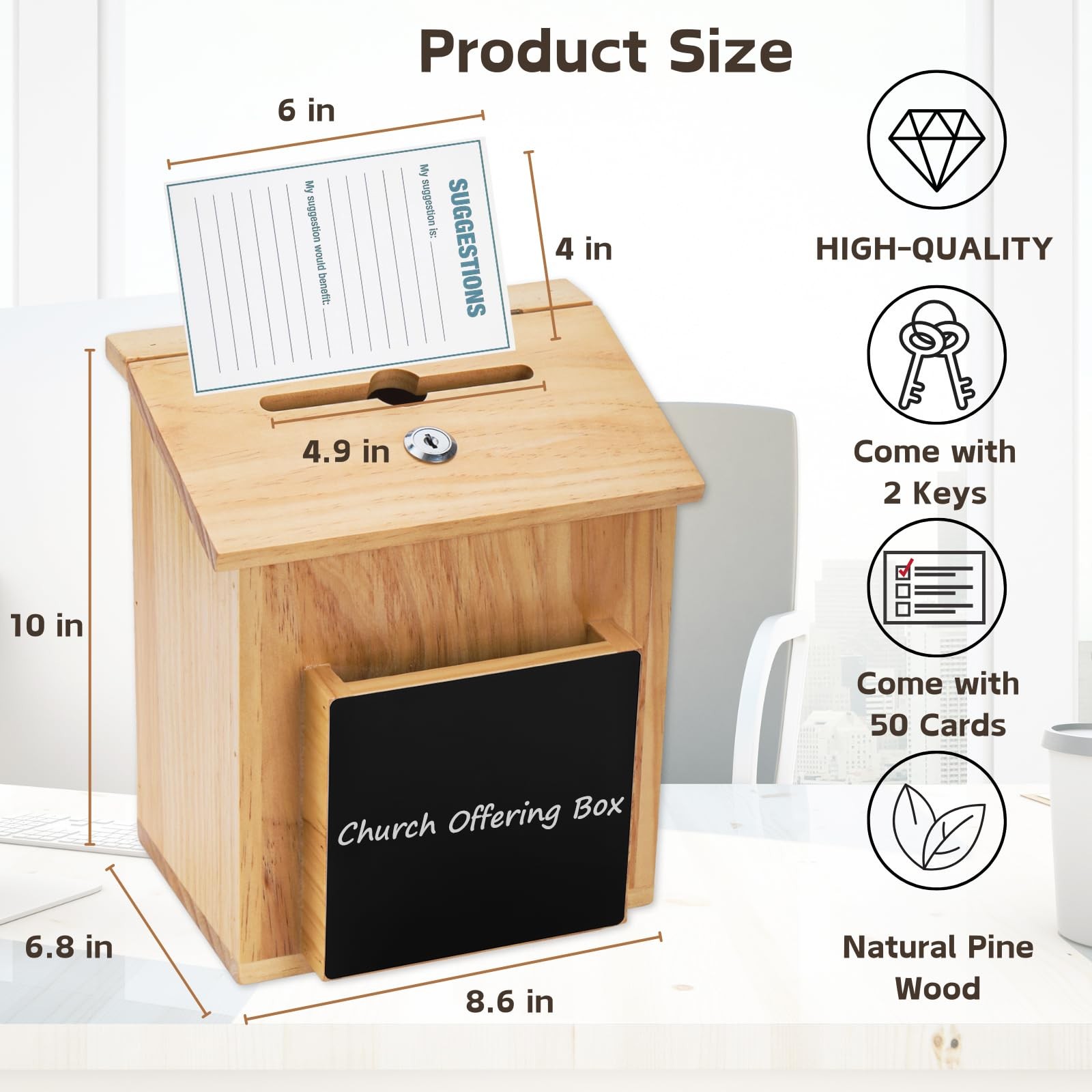 ZENFUN Wooden Suggestion Box with 50 Free 8.6″ x 6.8″ x 10″ inches, Brown