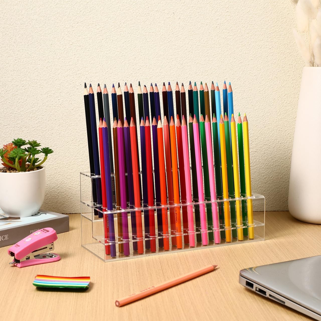 48-Slots Pen Display Stand, 2 Tier Clear Acrylic Colored Pencil Organizer, Di…