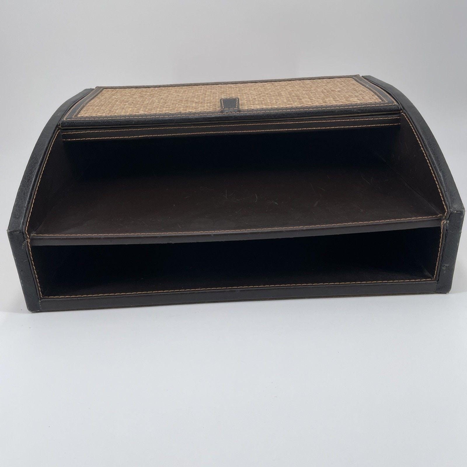 Vintage S.K. Leather Rattan 3 Tiered Desk Organizer Executive Sorter Mid Century