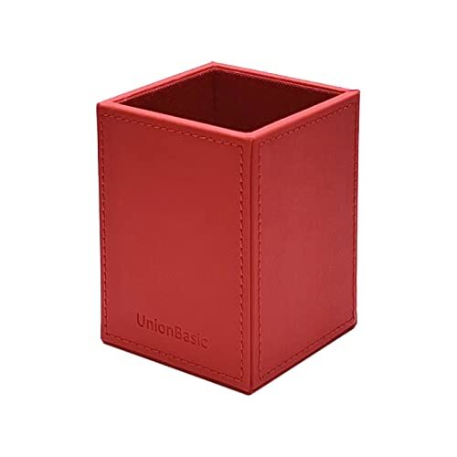 Square Pen Holder, Leather Pencil Cup, Desktop Caddy Stationery Organizer Red
