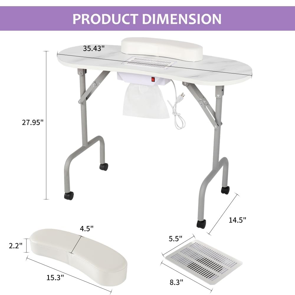 AGESISI Portable Manicure Table 35.43″L x 14.5″W x 27.95″H, White Marbled