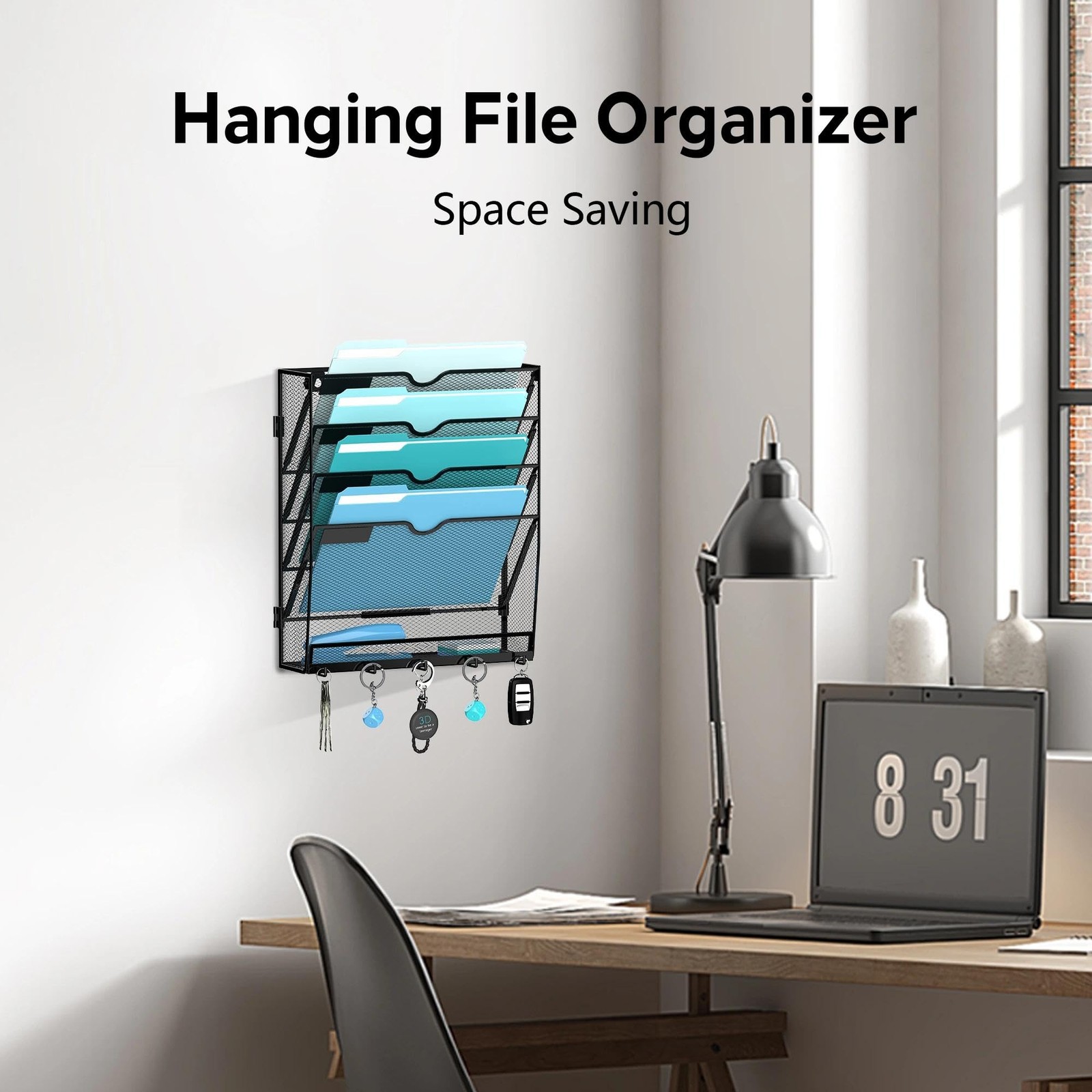 5 Tier Wall File Organizer – Hanging File Organizer with 5 Hooks, Mail Holder Wa