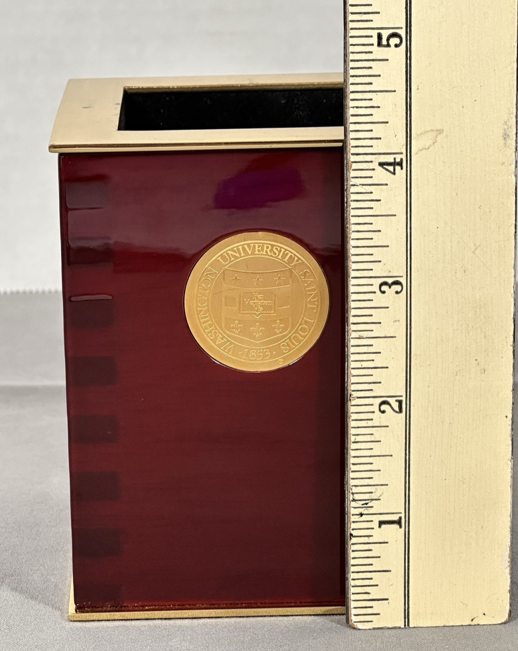 Washington University St Louis Desk Pencil Holder Wood Brass Tone Office Cup