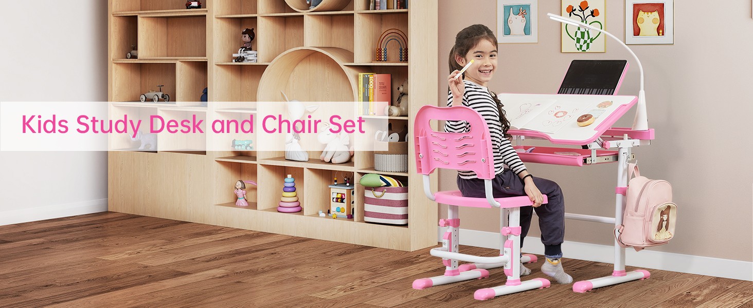 Kids Desk and Chair Set, Height Adjustable Child’s School Study Writing