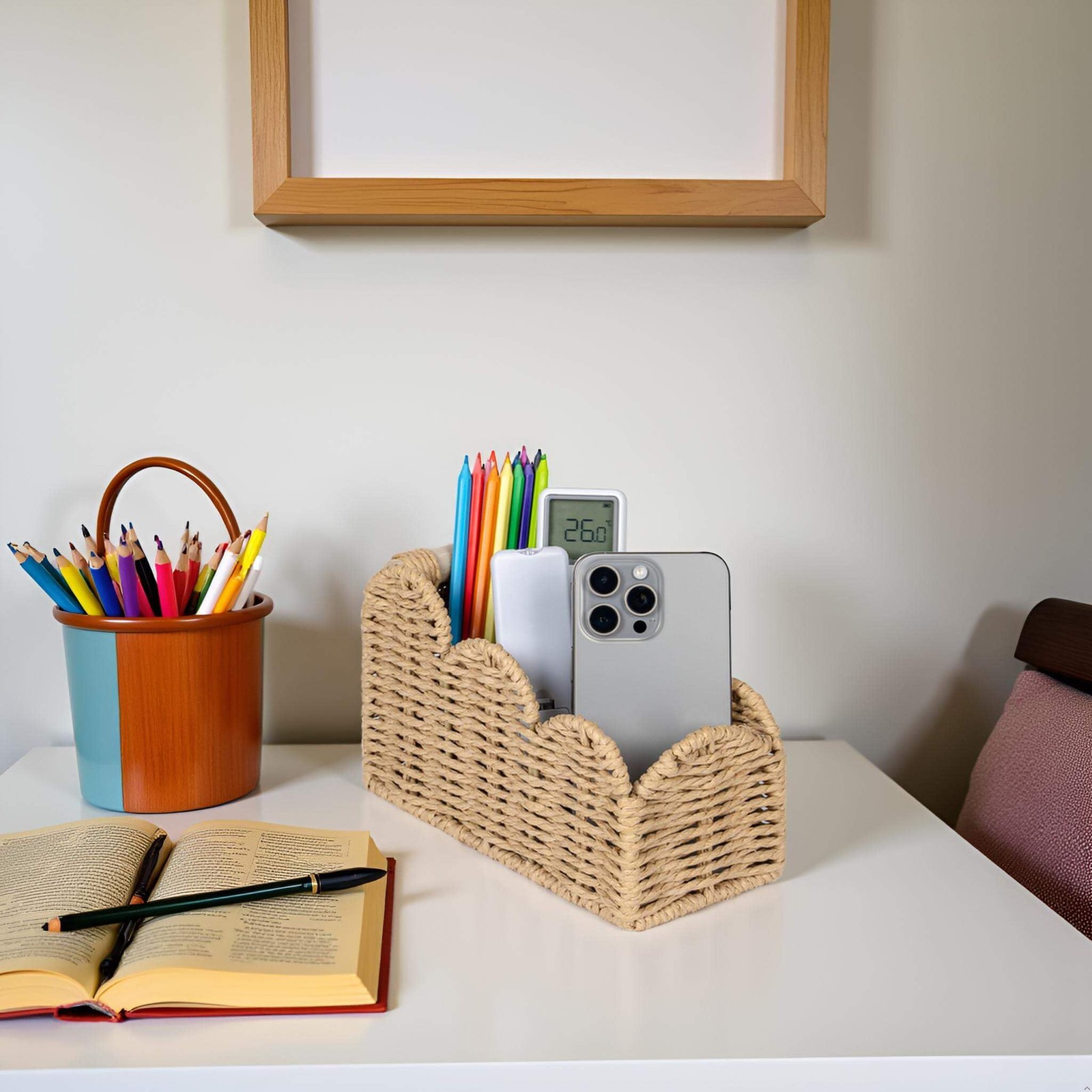 Bedside Table Desk Organizer Caddy, Remote Pen&Pencil Holder Cup, Makeup Brus…