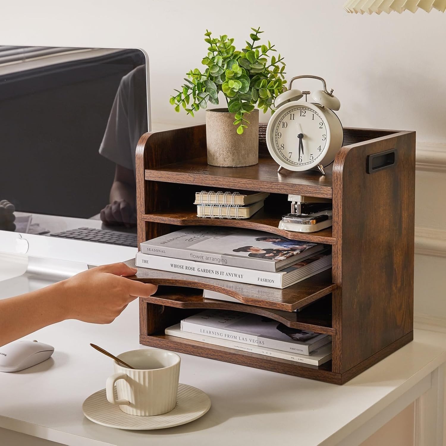 Rustic Brown Adjustable Paper Holder – 5 Tiers with Portable Handle for Offices