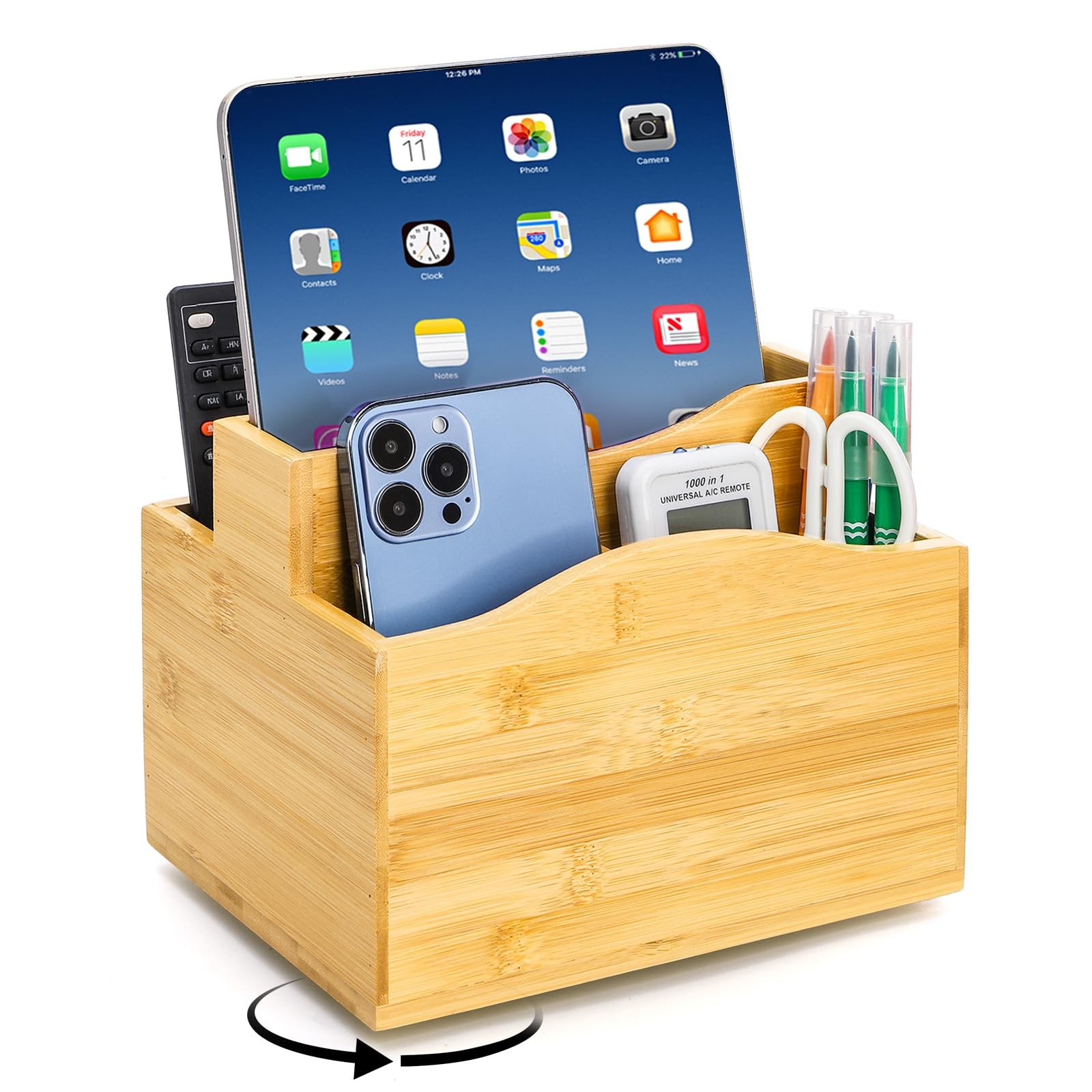 Rotating Remote Caddy, 360 Degree Spinning Remote Control Holder, 5 Compartme