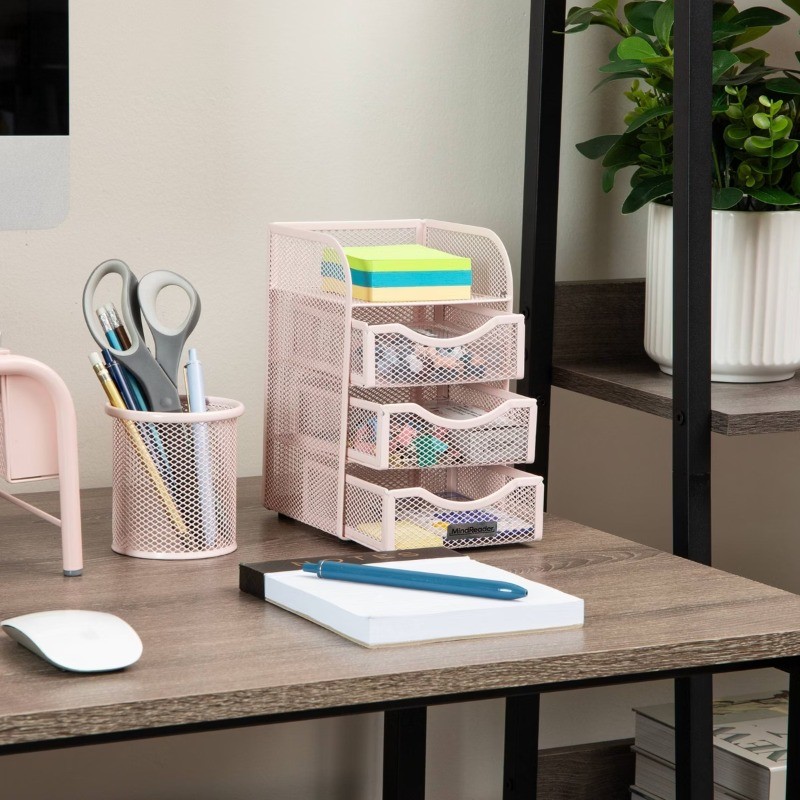 Paper Binder Clip Basket Metal Mesh Pink