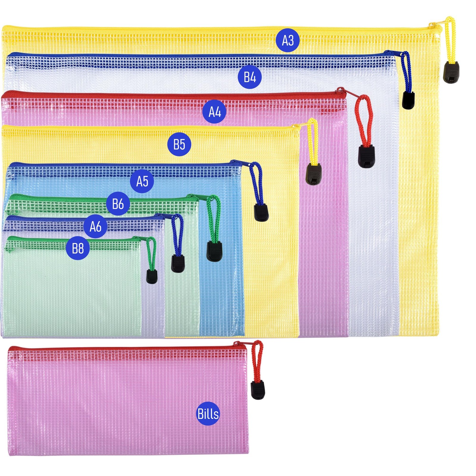3 PCS Yellow Mesh Zipper Pouch Bags A3 Size 16.93×12.01 In Waterproof