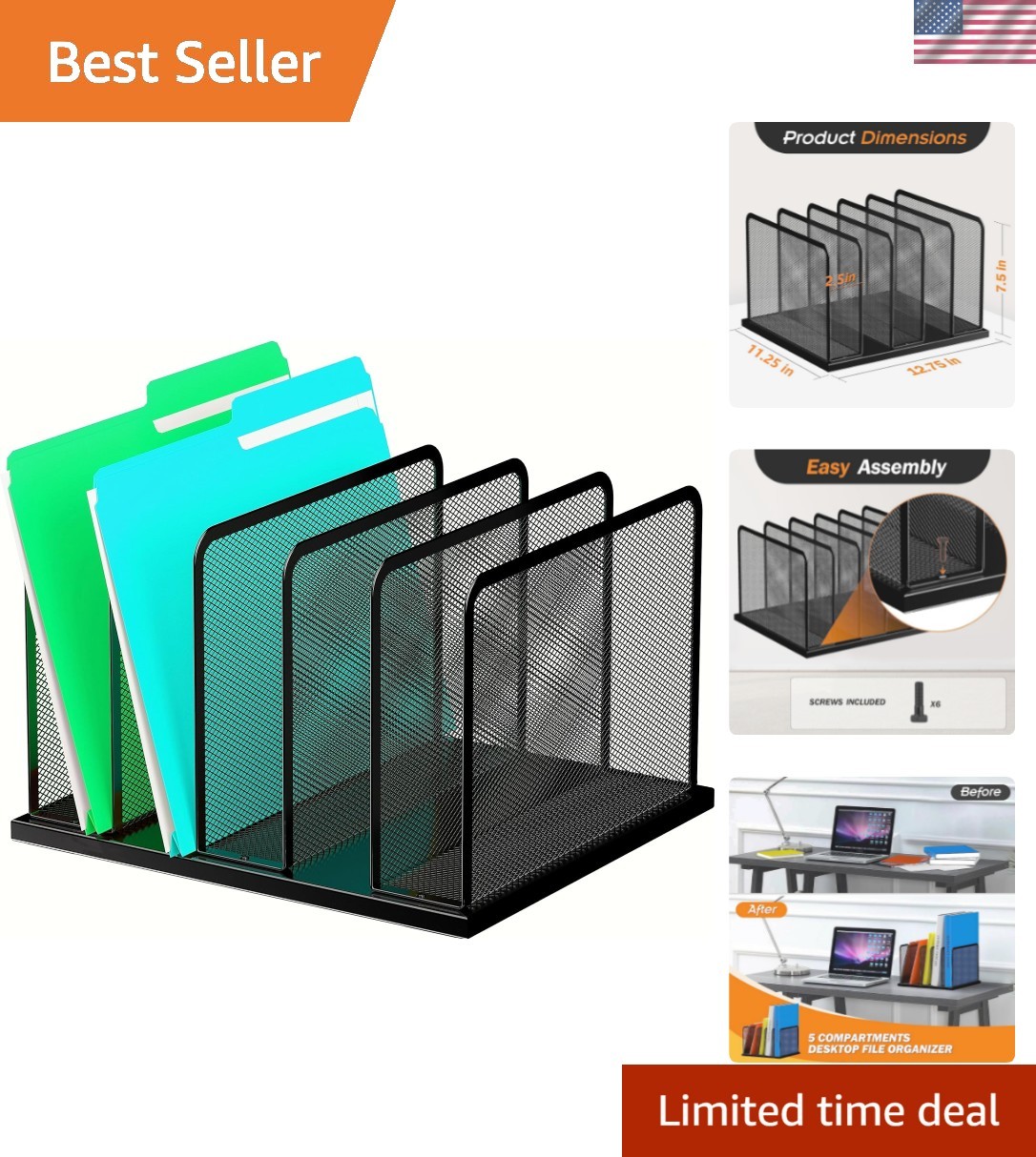 Desk File Organizer 5 Sections Upright Mesh Desktop Organizer File Sorter Off…
