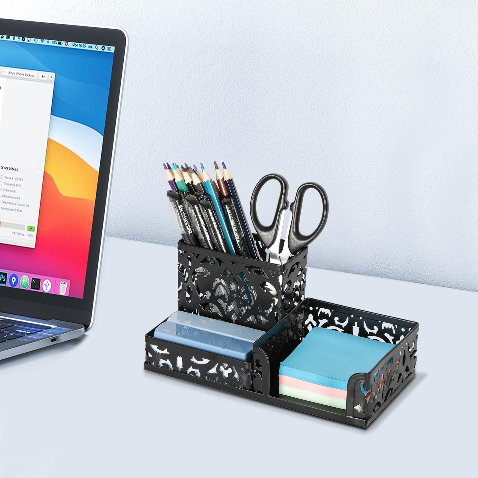 Desk Organizer with 3 Compartments for Pens Sticky Notes Office Supplies