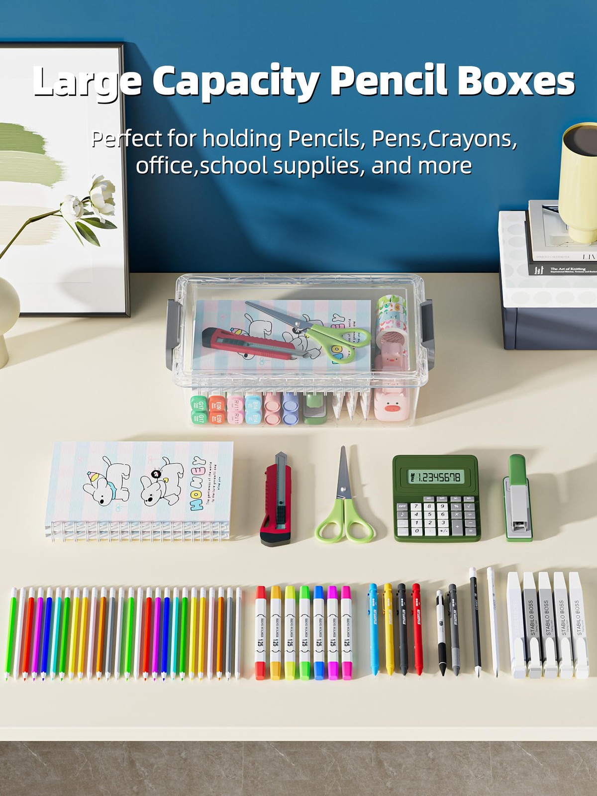 4 Pack Extra Large Pencil Box, Plastic Pencil Case Organizer, Clear Crayon Bo…