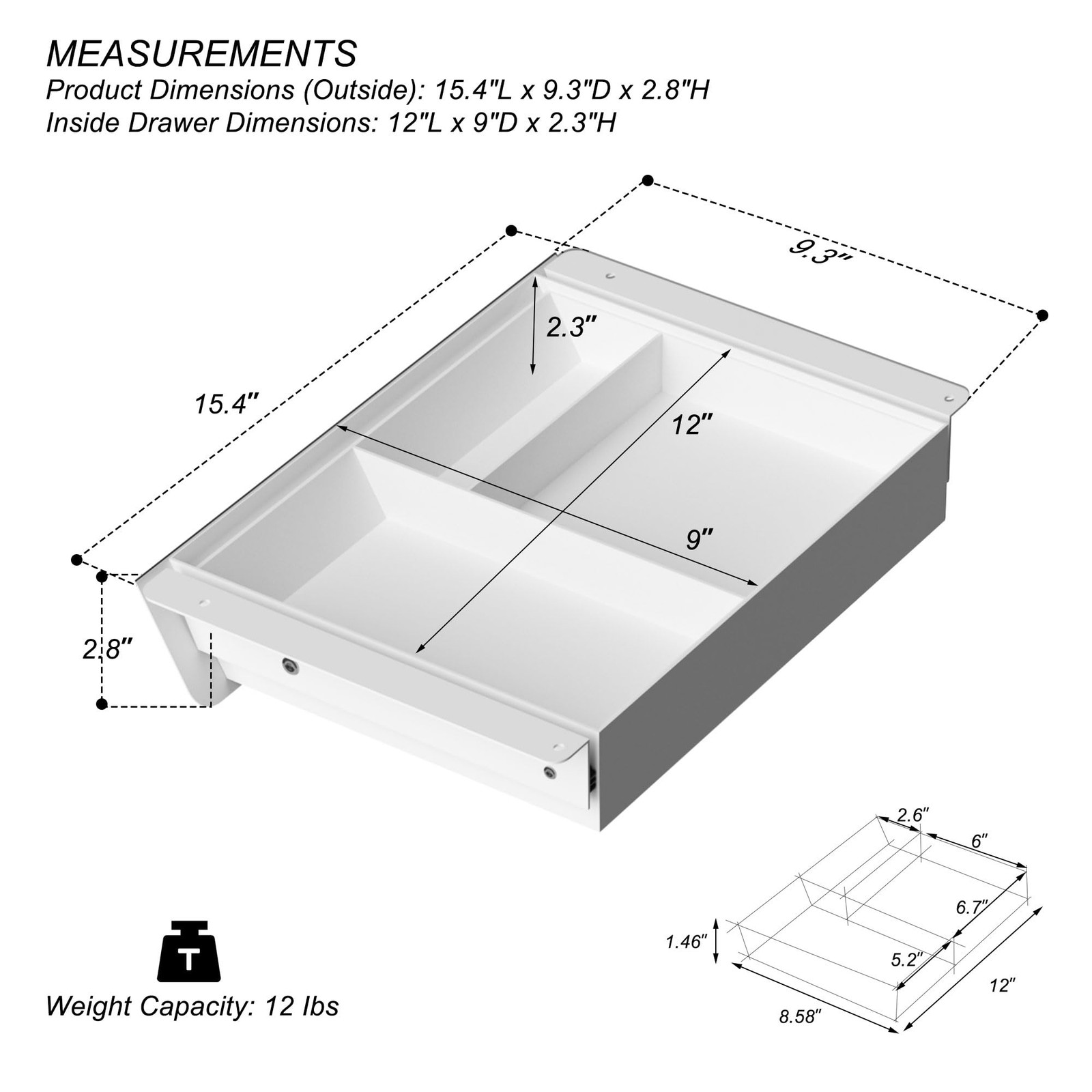 White Under Desk Drawer Removable Tray 15.4 Inch Wide 2in1 Organizer 60 Tilt
