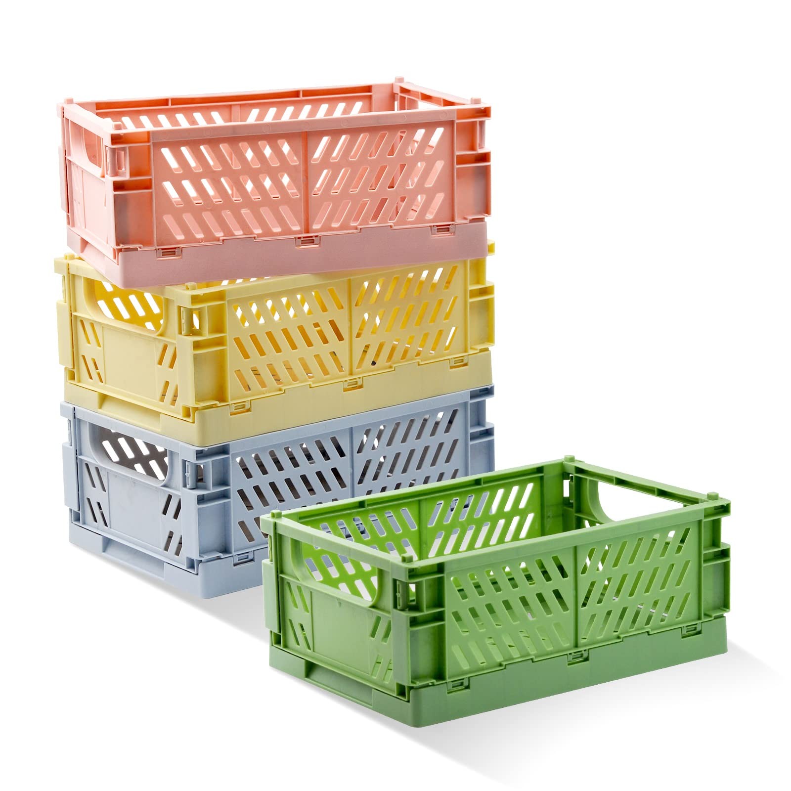 Xhwykzz 4 Pack Pastel Crates for Storage, Medium, Pink, blue, green, yellow.