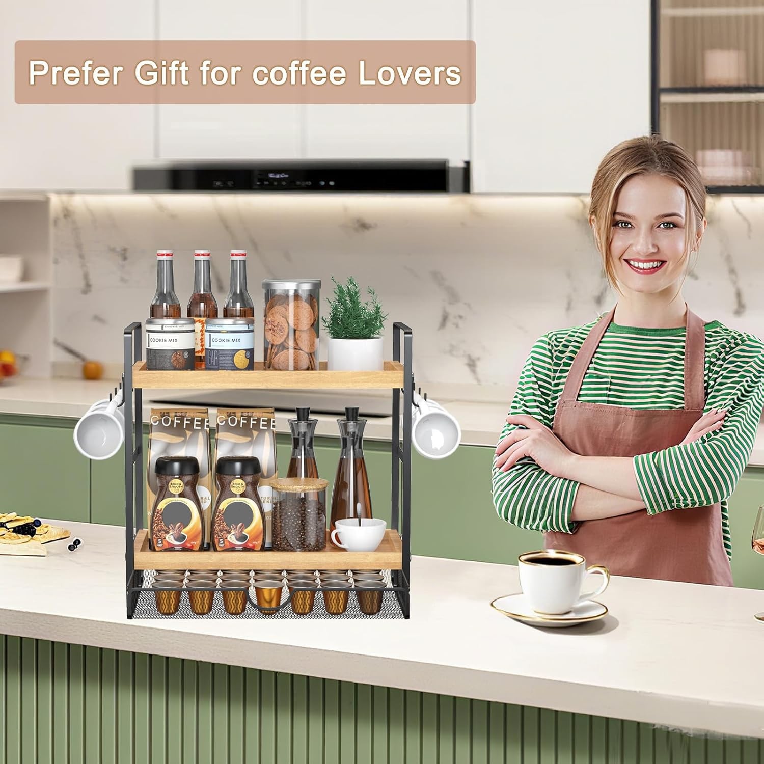 LEMIKKLE Coffee Station Organizer with Pod Holder Large storage, Light Brown