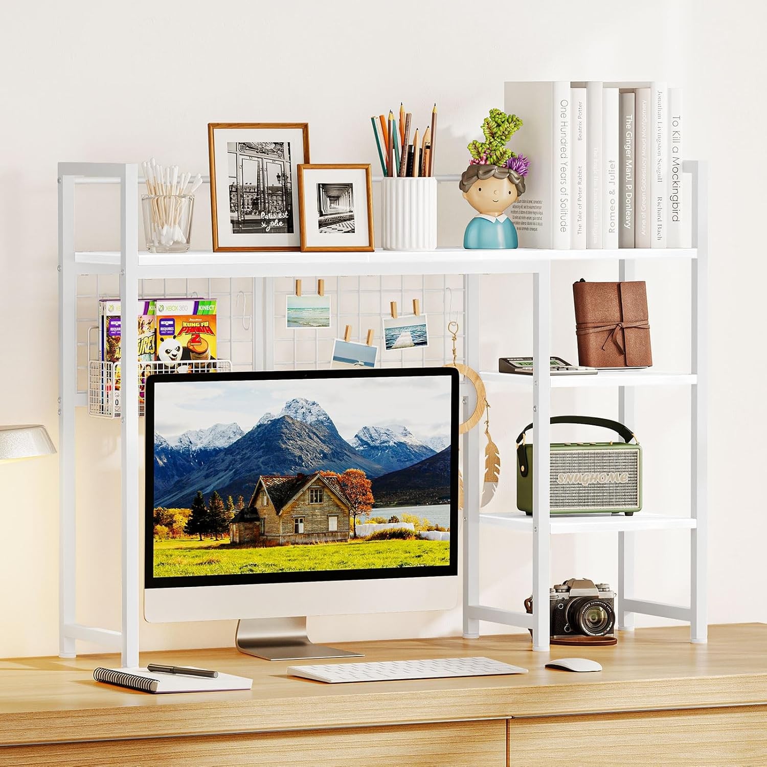 Desktop organizer,38.6inch desktop storage rack,computer monitor organizer white