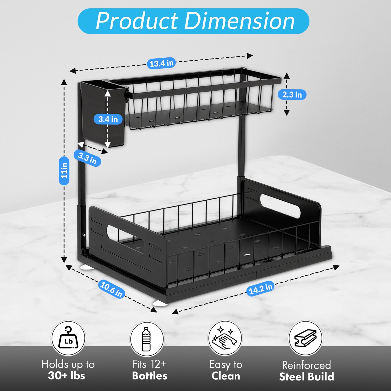 Under Sink Organizer 2 Tier with Slide-Out Drawer and Brush Holder (1) Black