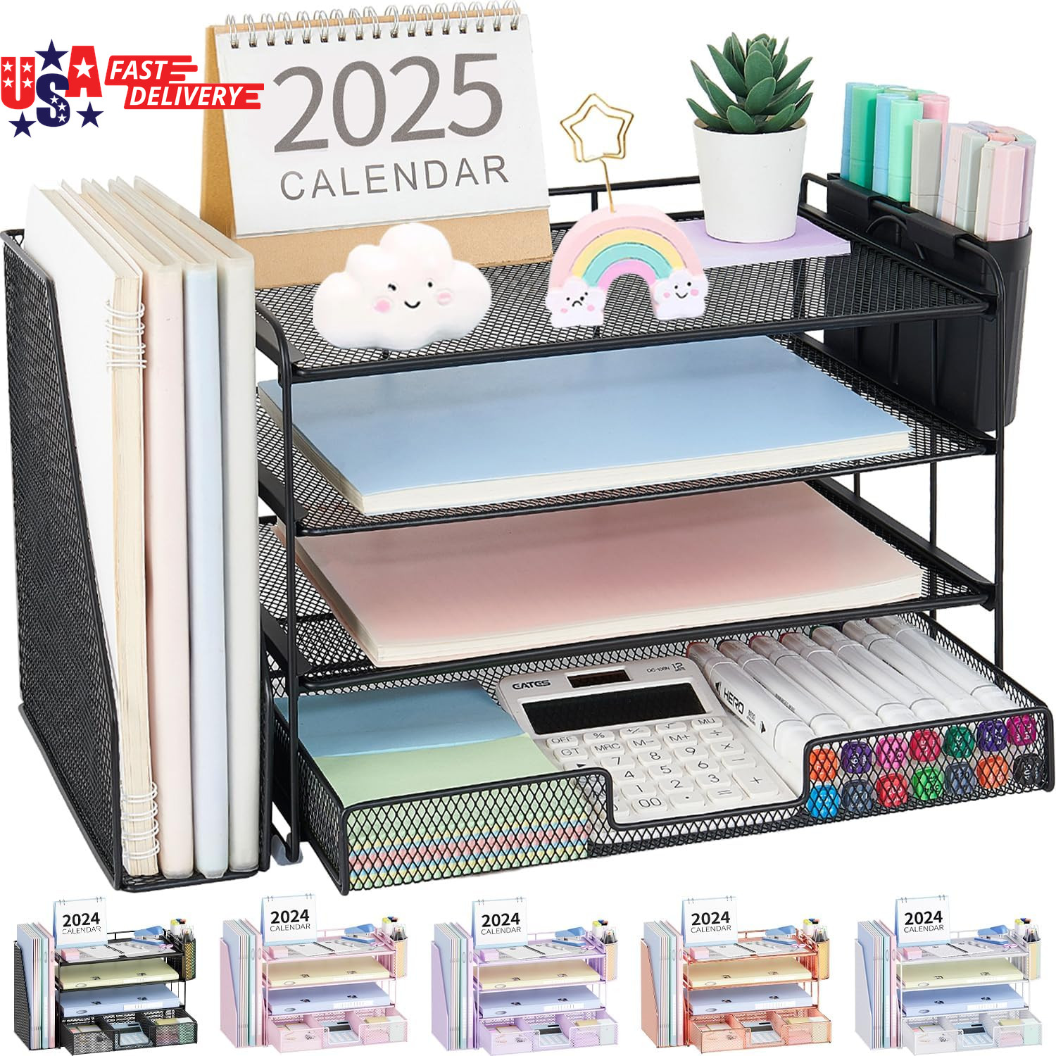 Desk Organizer, 4-Tier Desktop File Organizer with Drawer and 2 Pen Holders, Off