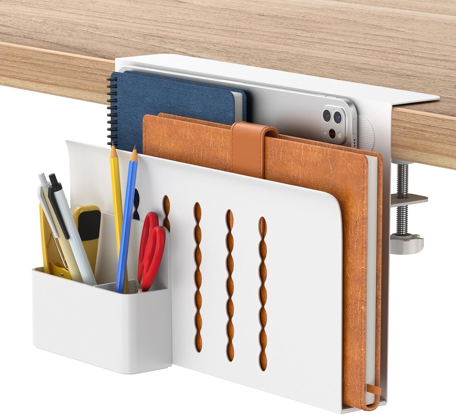 Desk Side Storage, Single-Layer Steel Hanging Desk Organizer with Pen Holder