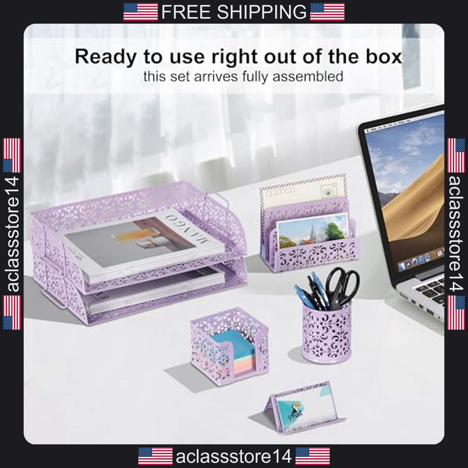 EasyPAG desk organizer set 5 pieces paper tray pencil holder mail sorter purple