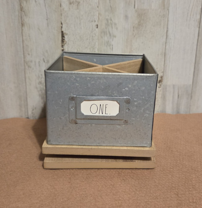 Rae Dunn Natural Wood & Galvanized Metal Turntable Desk Organizer Farmhouse