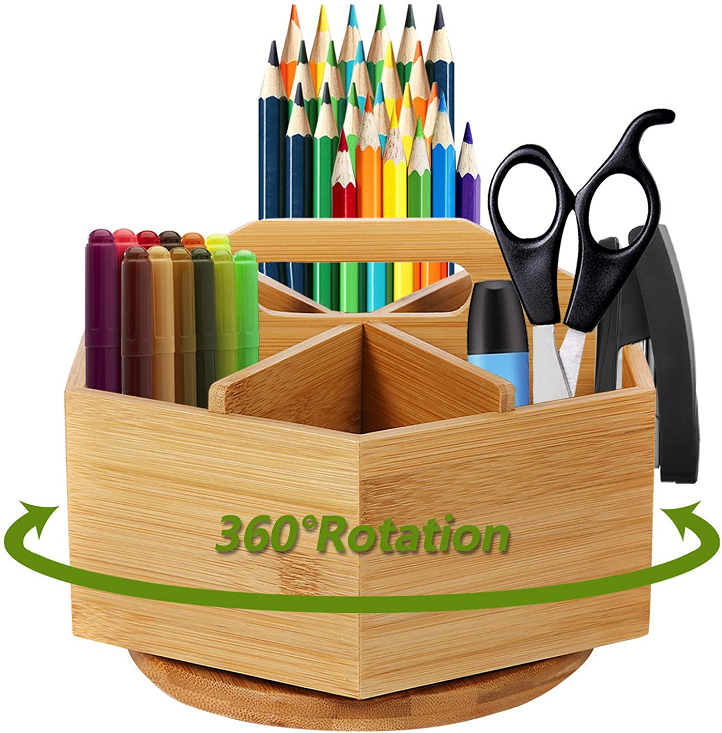 Bamboo Rotating Desk Organizer 6 Compartment Pen Pencil Holder Caddy