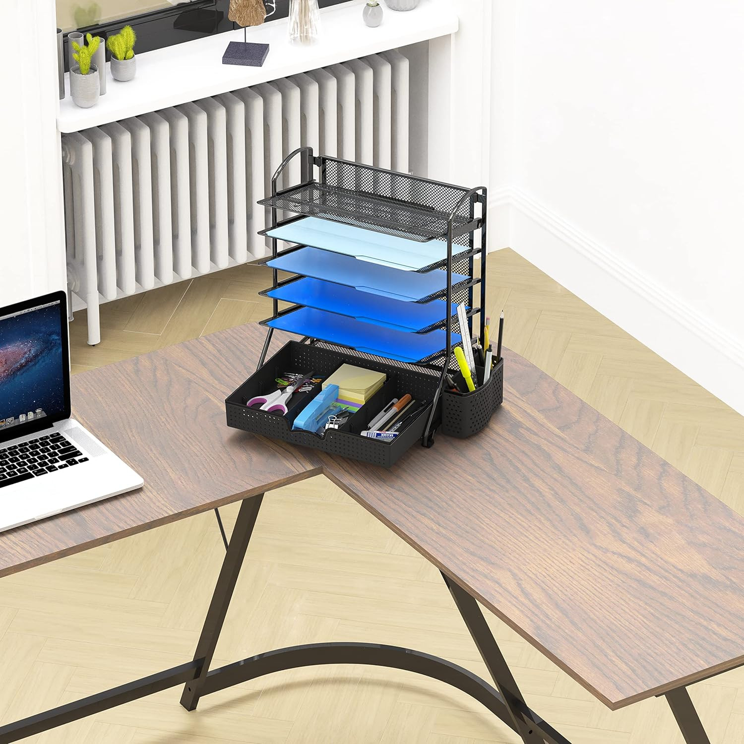 6-Tier Desk Document File Tray Organizer with Supplies Sliding Drawer, Black