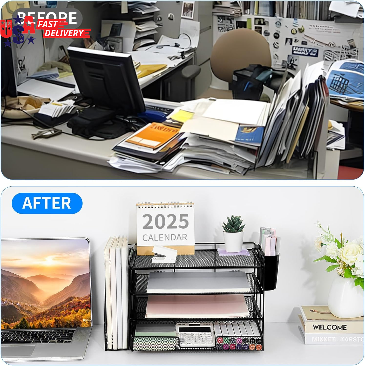 Desk Organizer, 4-Tier Desktop File Organizer with Drawer and 2 Pen Holders, Off