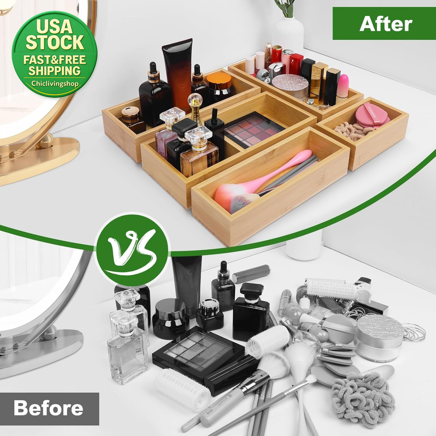 Bamboo Drawer Organizer Set 5 PCS Storage Dividers Trays for Kitchen Office