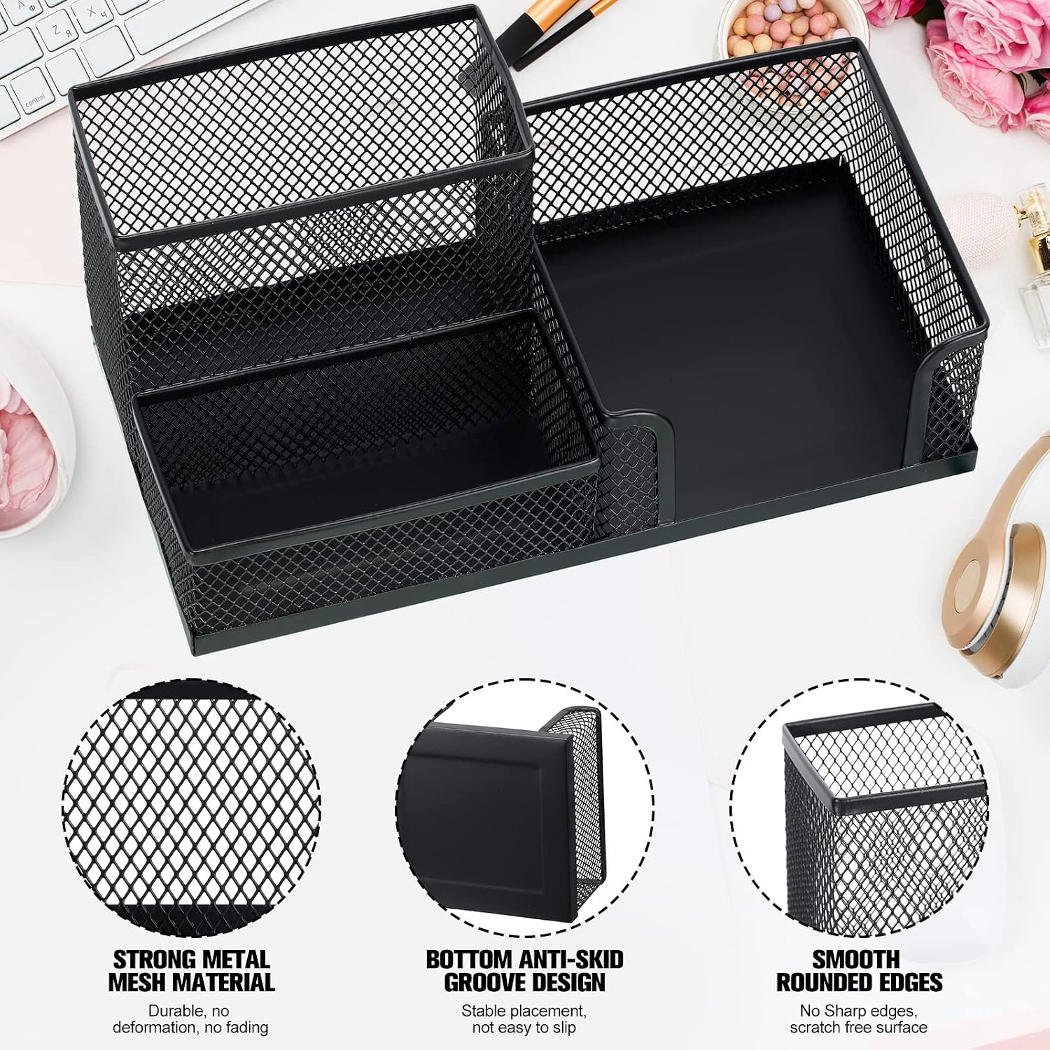 4 Pcs Mesh Desk Organizer 3 Compartments Mesh Pen Holder Sticky Notes Pencil Hol