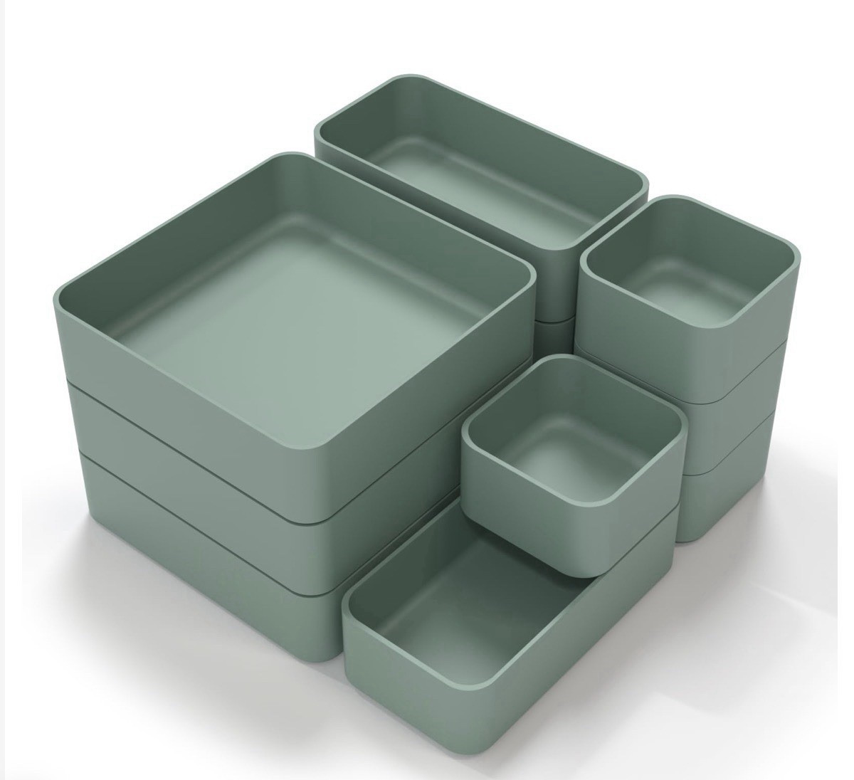 Stackable Green Plastic Desktop Drawer Organizer Tray Bin Set, Multiple Sizes
