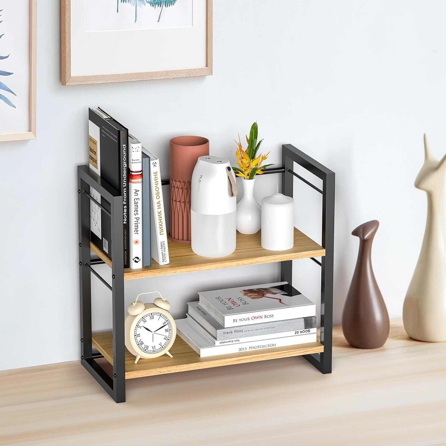 Office Desk Shelf Organizer, Wood Desktop Bookshelf Supplies Storage Black