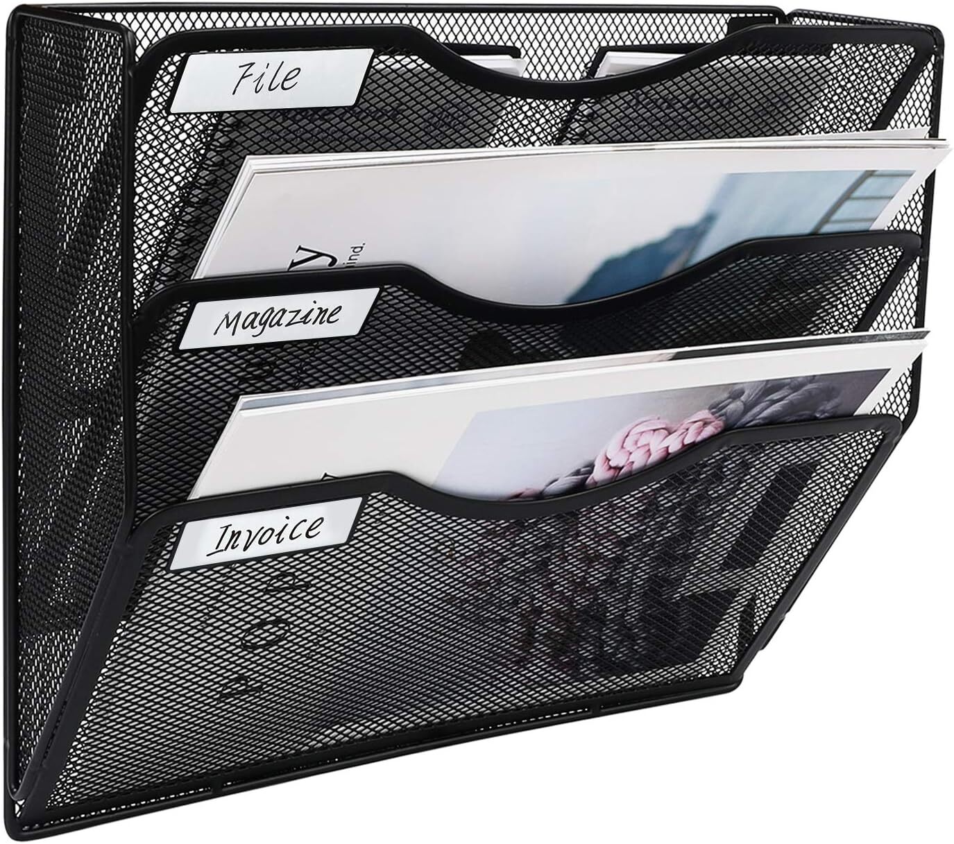 3 Tier Black Mesh Wall File Organizer Durable Metal Office Storage Solution
